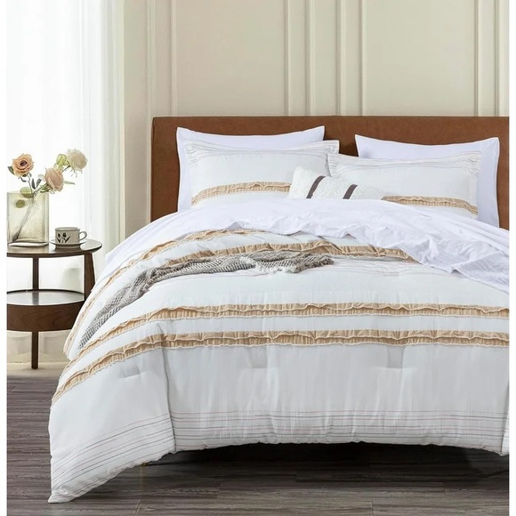 Other - White Comforter with Tan Stripe Detailing - Elegant Layered Comfort